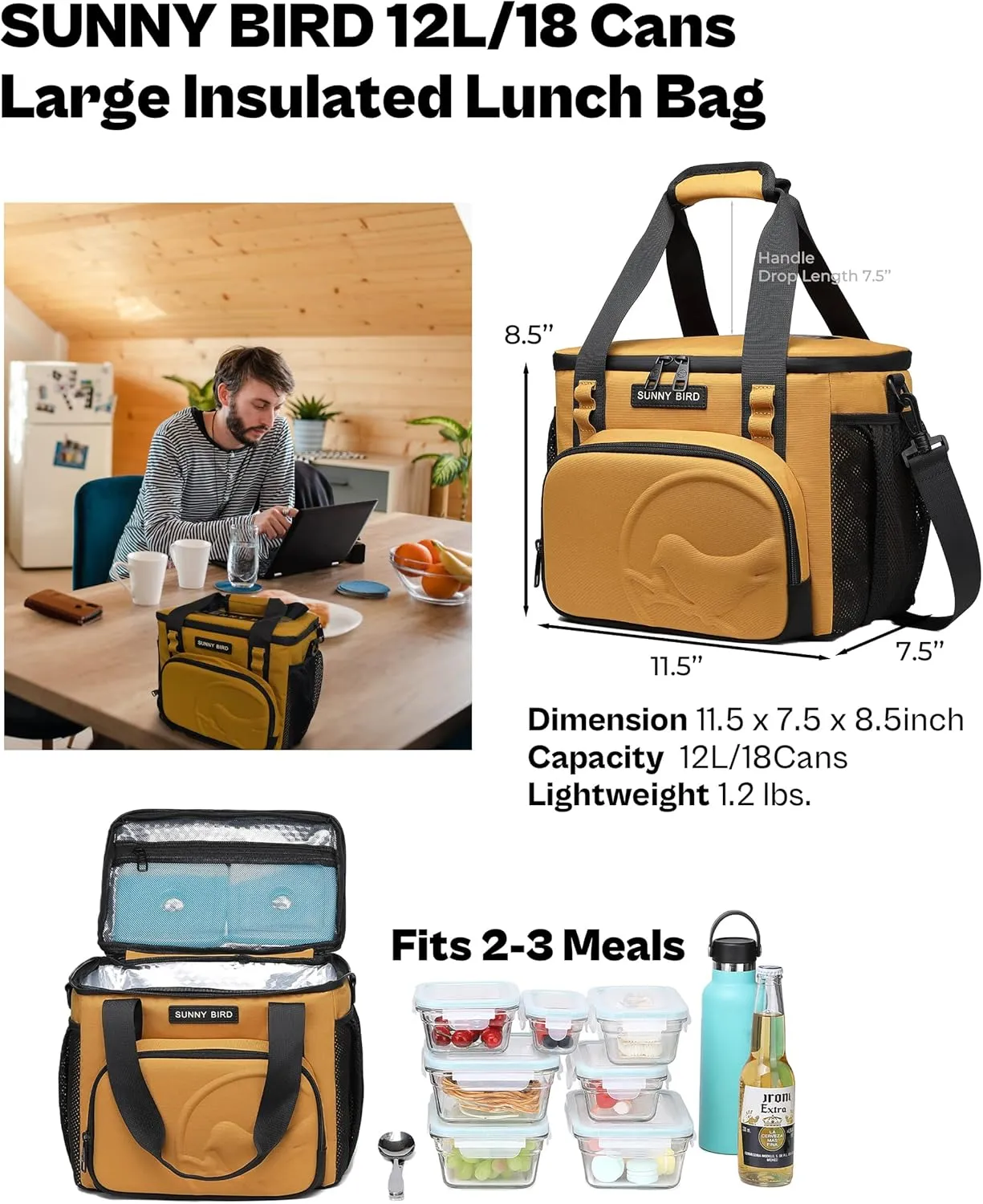 SUNNY BIRD 12L Large Insulated Lunch Bag, Leakproof and Foldable Lunch Cooler Box for Women Adult and Men, Fits 18 Cans (Ochre 01)