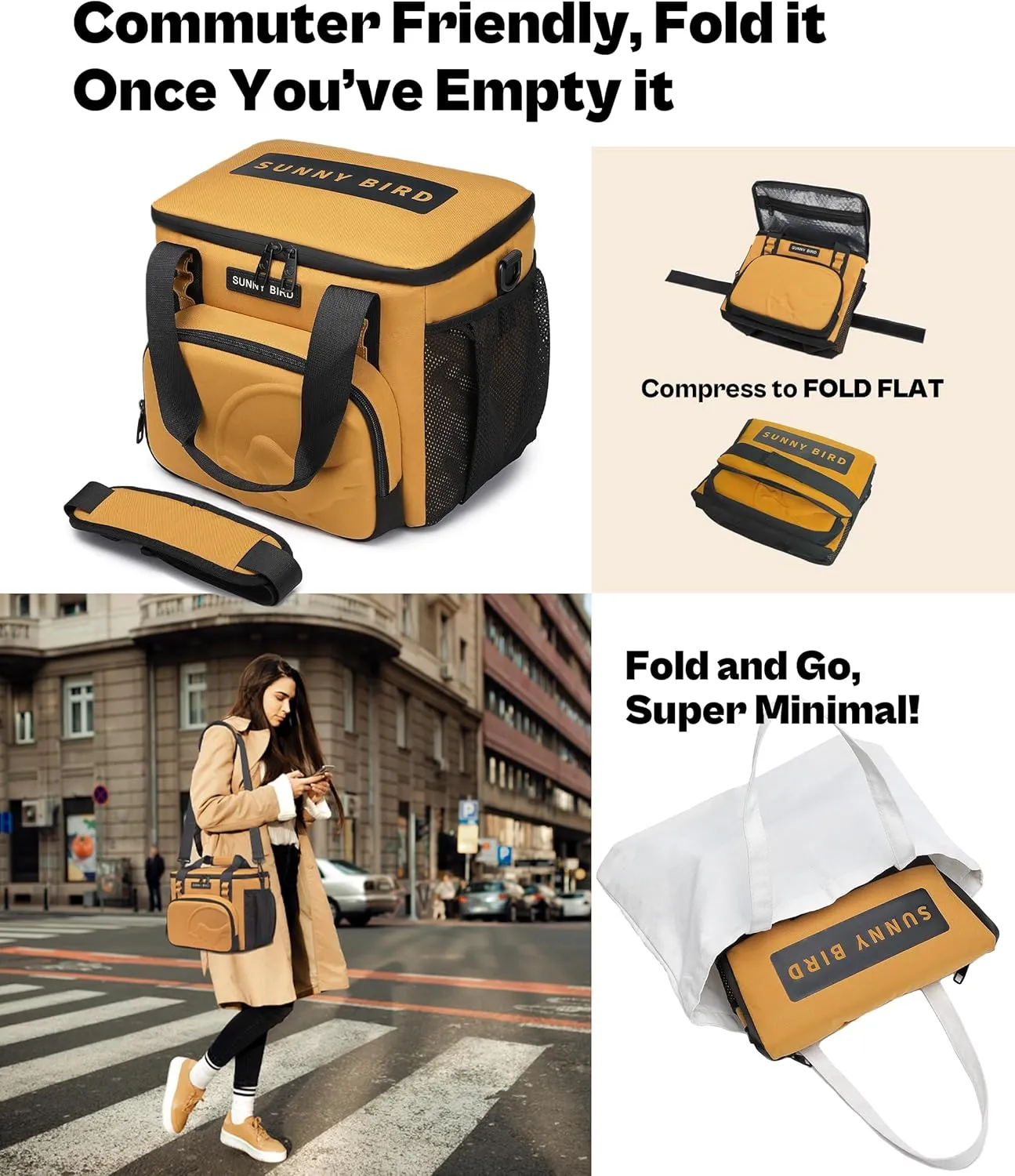 SUNNY BIRD 12L Large Insulated Lunch Bag, Leakproof and Foldable Lunch Cooler Box for Women Adult and Men, Fits 18 Cans (Ochre 01)