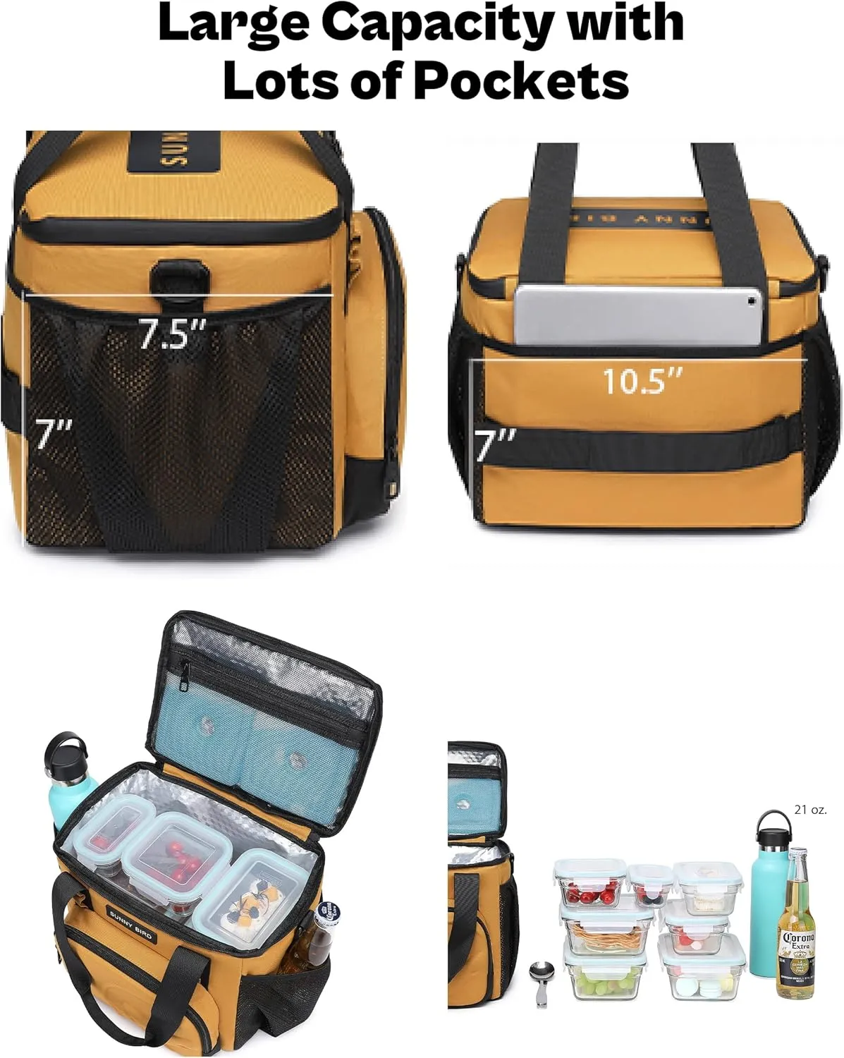 SUNNY BIRD 12L Large Insulated Lunch Bag, Leakproof and Foldable Lunch Cooler Box for Women Adult and Men, Fits 18 Cans (Ochre 01)