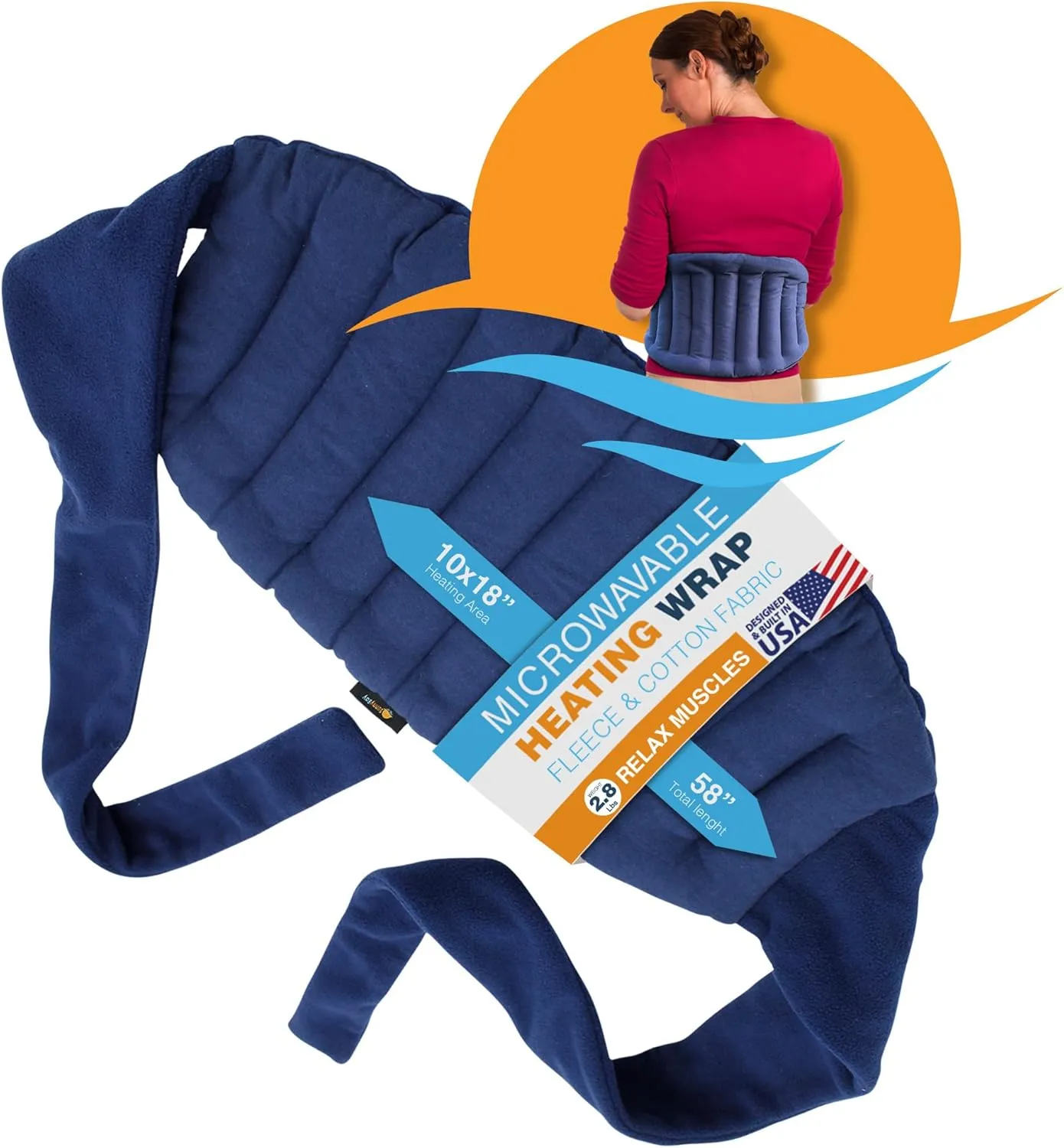 SunnyBay Microwave Heating Pad, Microwavable Moist Hot or Cool Bean Bag Wrap for Neck, Shoulder, Knee, or Back Pain with Fastening Straps, 10x18 Inch Heating Area, 2.8 Lbs, Made in USA, 58 Inches