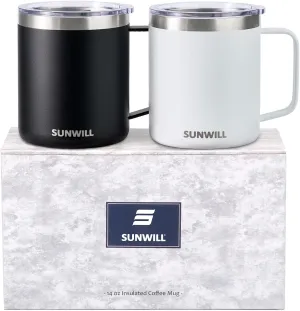 SUNWILL Travel Coffee Mug with Lid, Insulated Tumbler with Handle, 14 oz Stainless Steel Cup Set of 2 for Camping, Outdoor, Powder Coated Black & White