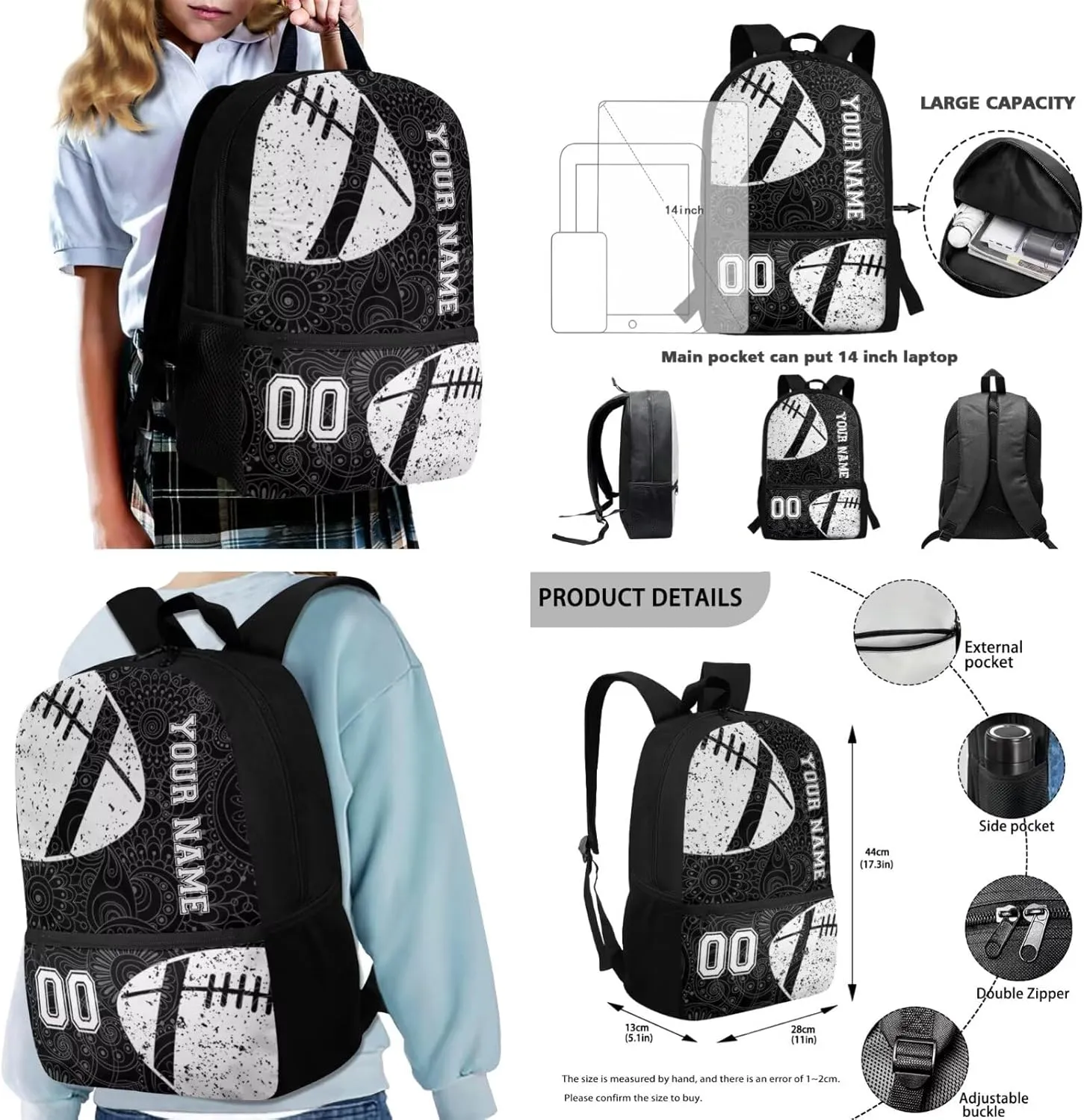 Suobstales American Football Print 4 Pieces Backpack for Boys Girls, Boho Mandala Flower Schoolbag with Lunch Box Pencil Case Crossbody Bag, 17" Bookbag for Elementary Middle High School Student