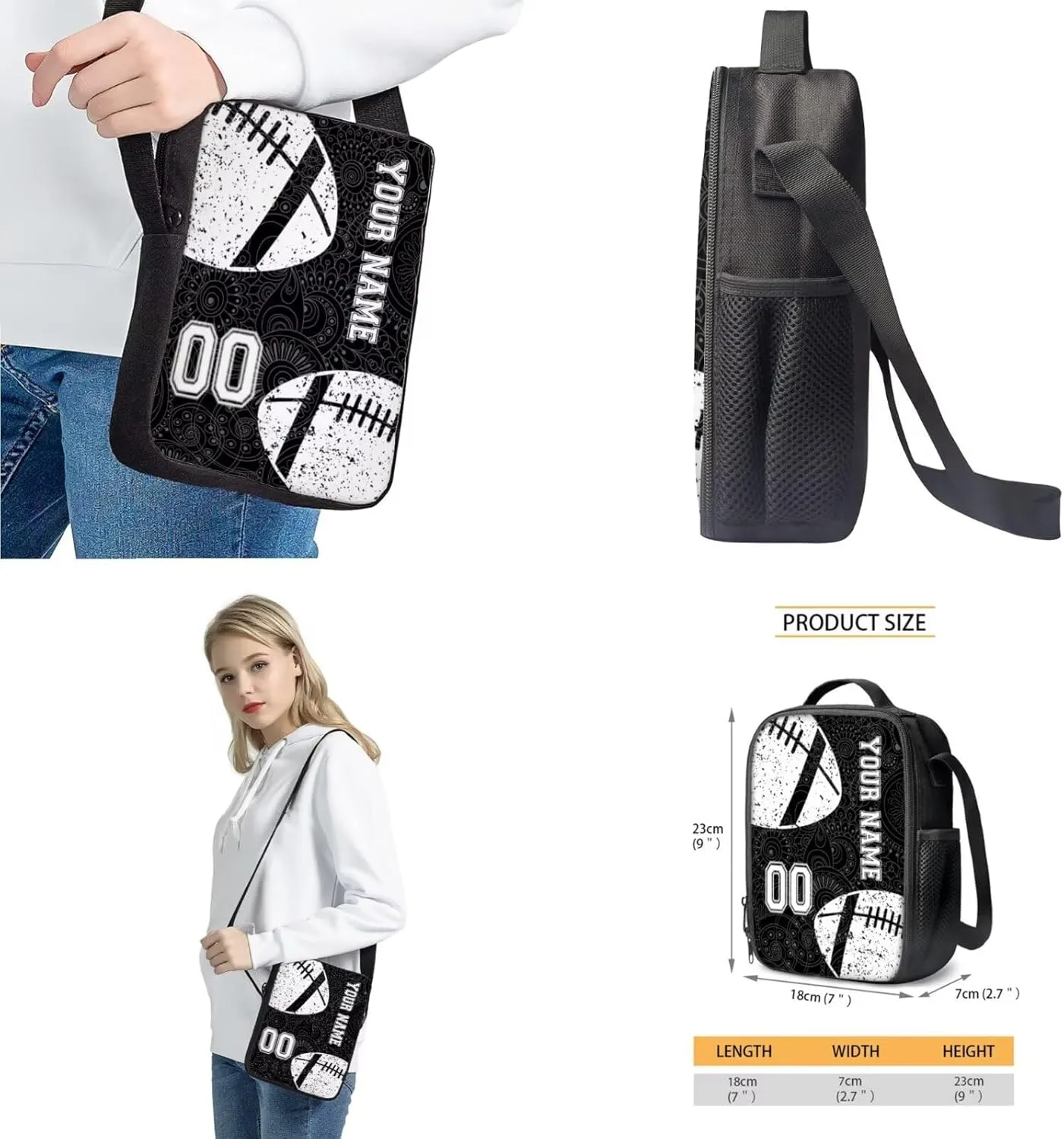 Suobstales American Football Print 4 Pieces Backpack for Boys Girls, Boho Mandala Flower Schoolbag with Lunch Box Pencil Case Crossbody Bag, 17" Bookbag for Elementary Middle High School Student