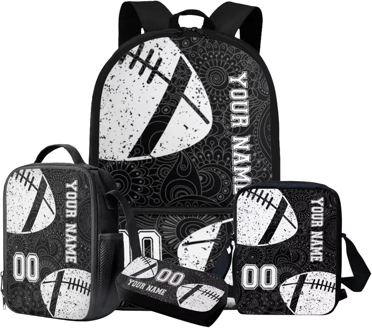 Suobstales American Football Print 4 Pieces Backpack for Boys Girls, Boho Mandala Flower Schoolbag with Lunch Box Pencil Case Crossbody Bag, 17" Bookbag for Elementary Middle High School Student