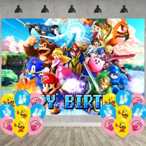 Super Bros Birthday Party Decoration,Smash Bros Party Photo Background 5 x 3 FT and 18 Pcs Balloon,Bros Merch Party Backdrop Supplies