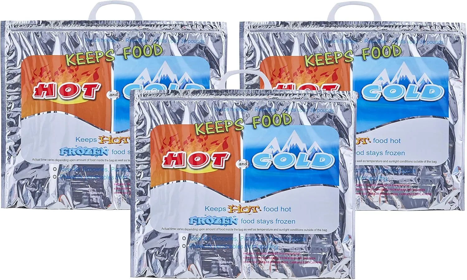 Superio Hot and Cold Insulated Bags for Food Delivery, Grocery Shopping Bags, Food Storage for Hot and Frozen Food for Travel, Disposable Cooler Bag, Reinforced Thermal Lunch Bag (3, 19"x5.5"x15.5")
