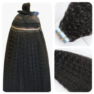 SUYYA Kinky Straight Tape in Extensions Natural Black Tape in Hair Extensions Human Hair Kinky Straight 18 Inch Skin Weft 50g/Pack 20PCS Tape INS for Women(#1B Natural Black)