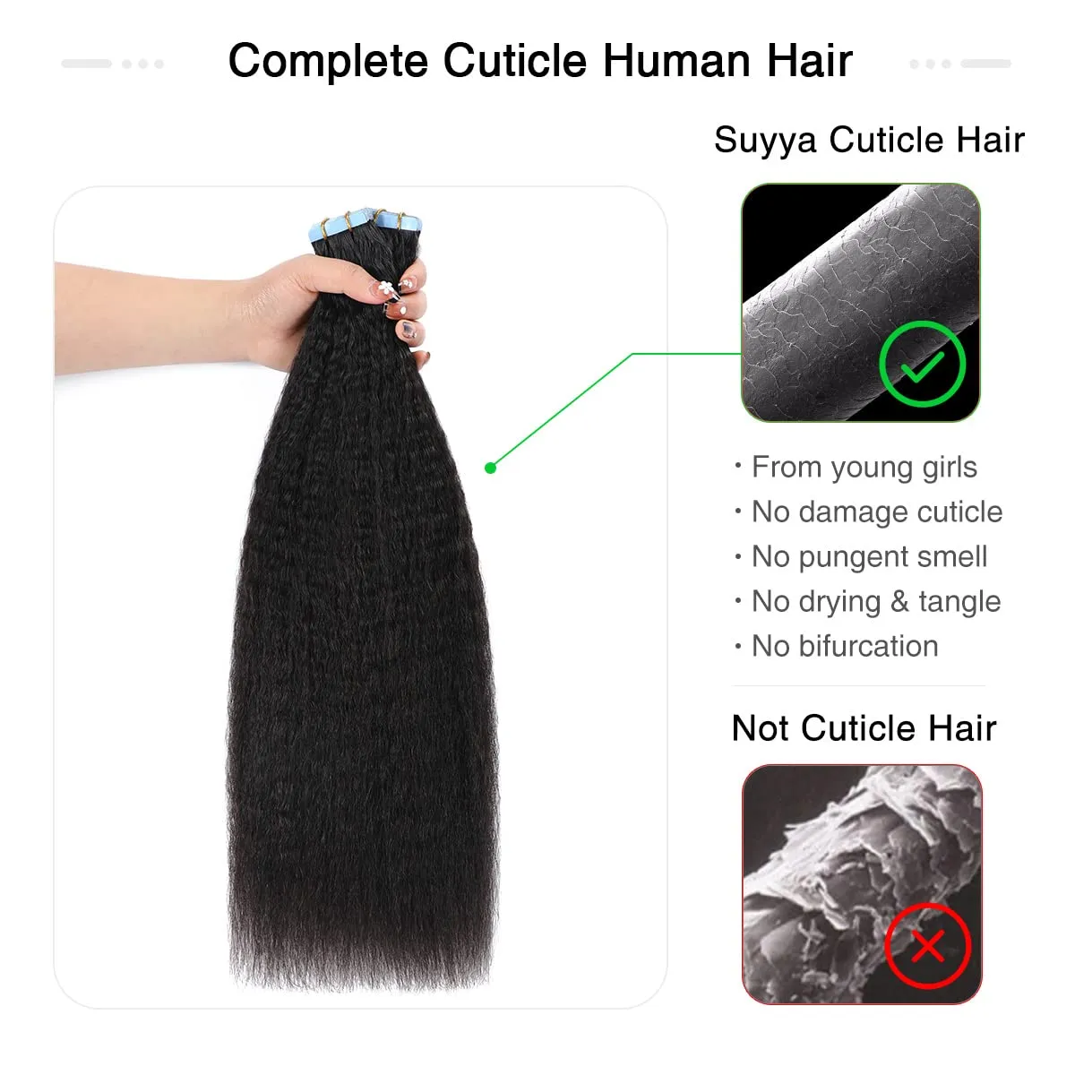 SUYYA Kinky Straight Tape in Extensions Natural Black Tape in Hair Extensions Human Hair Kinky Straight 18 Inch Skin Weft 50g/Pack 20PCS Tape INS for Women(#1B Natural Black)