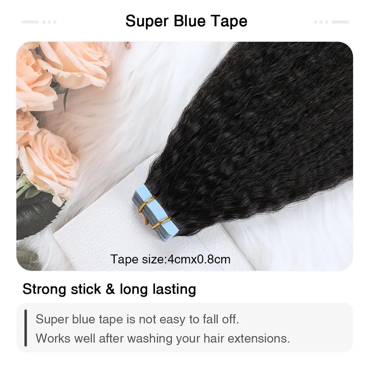SUYYA Kinky Straight Tape in Extensions Natural Black Tape in Hair Extensions Human Hair Kinky Straight 18 Inch Skin Weft 50g/Pack 20PCS Tape INS for Women(#1B Natural Black)