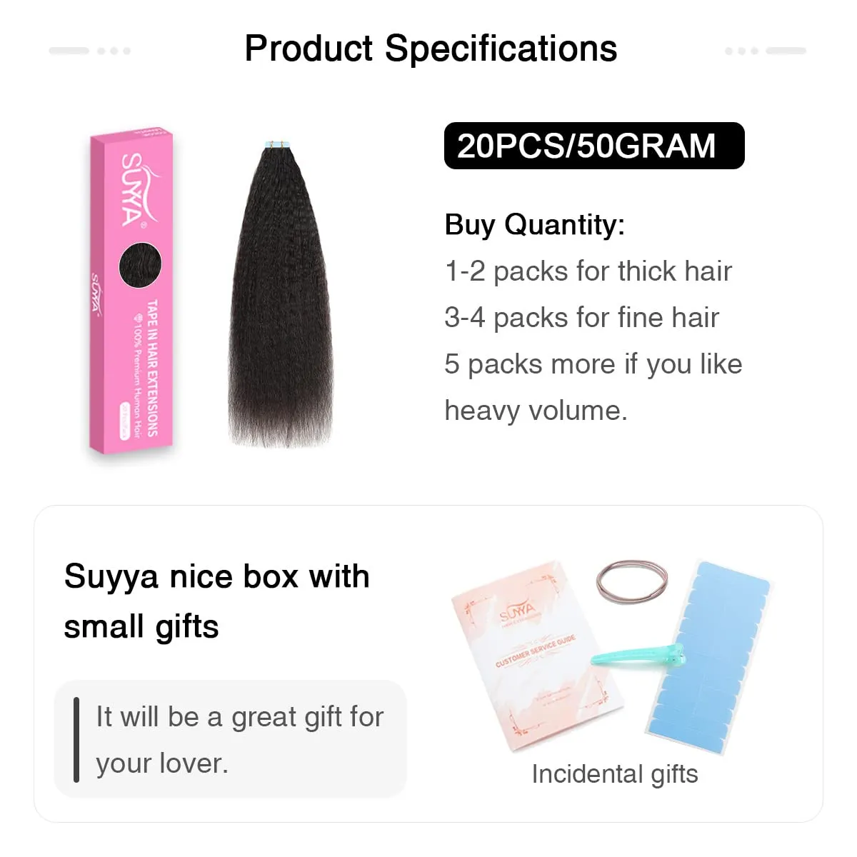 SUYYA Kinky Straight Tape in Extensions Natural Black Tape in Hair Extensions Human Hair Kinky Straight 18 Inch Skin Weft 50g/Pack 20PCS Tape INS for Women(#1B Natural Black)