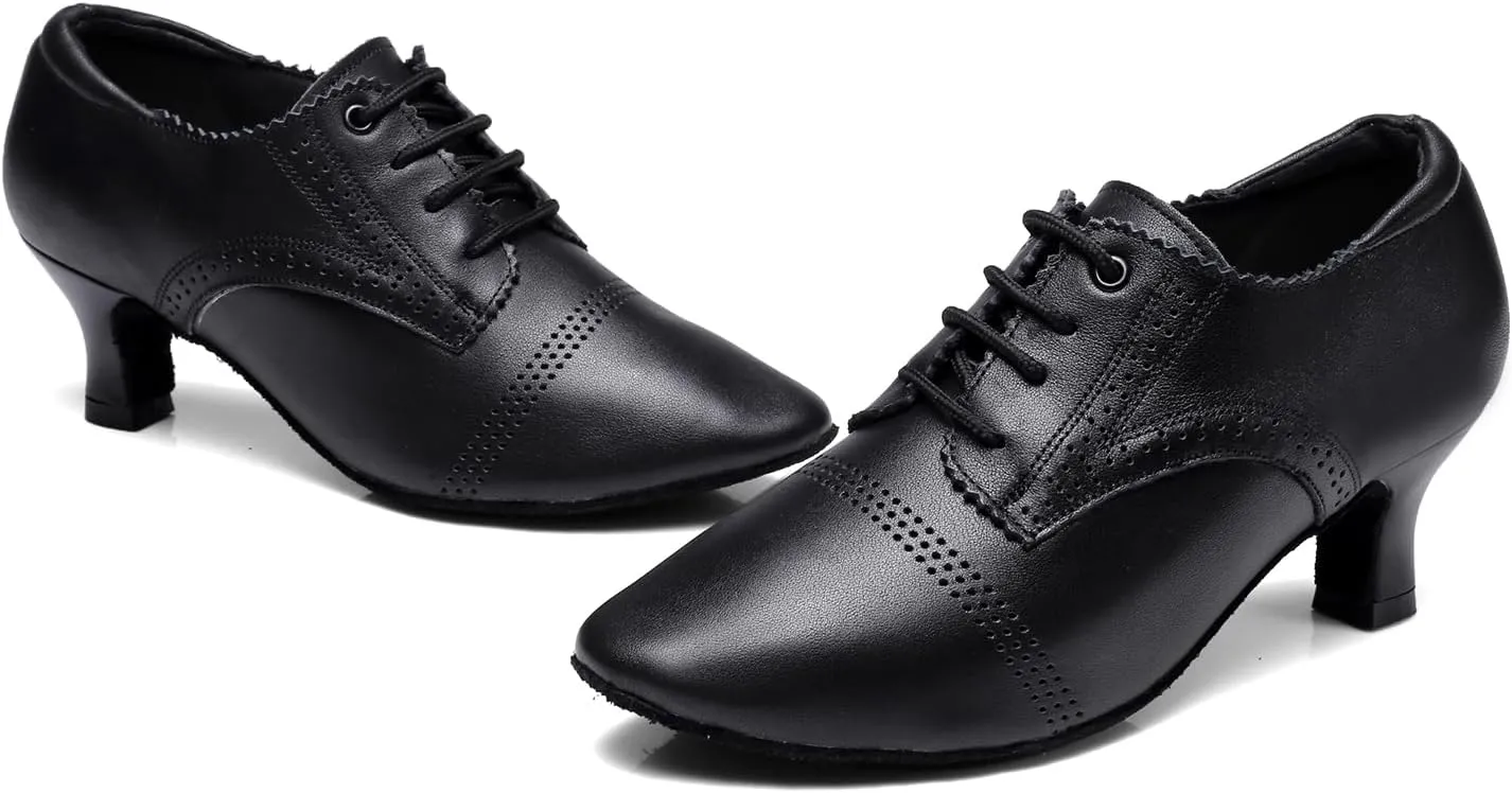 SWDZM Leather Ballroom Dance Practice Shoes for Women Closed Toe Modern Salsa Rhythm Teaching Shoes