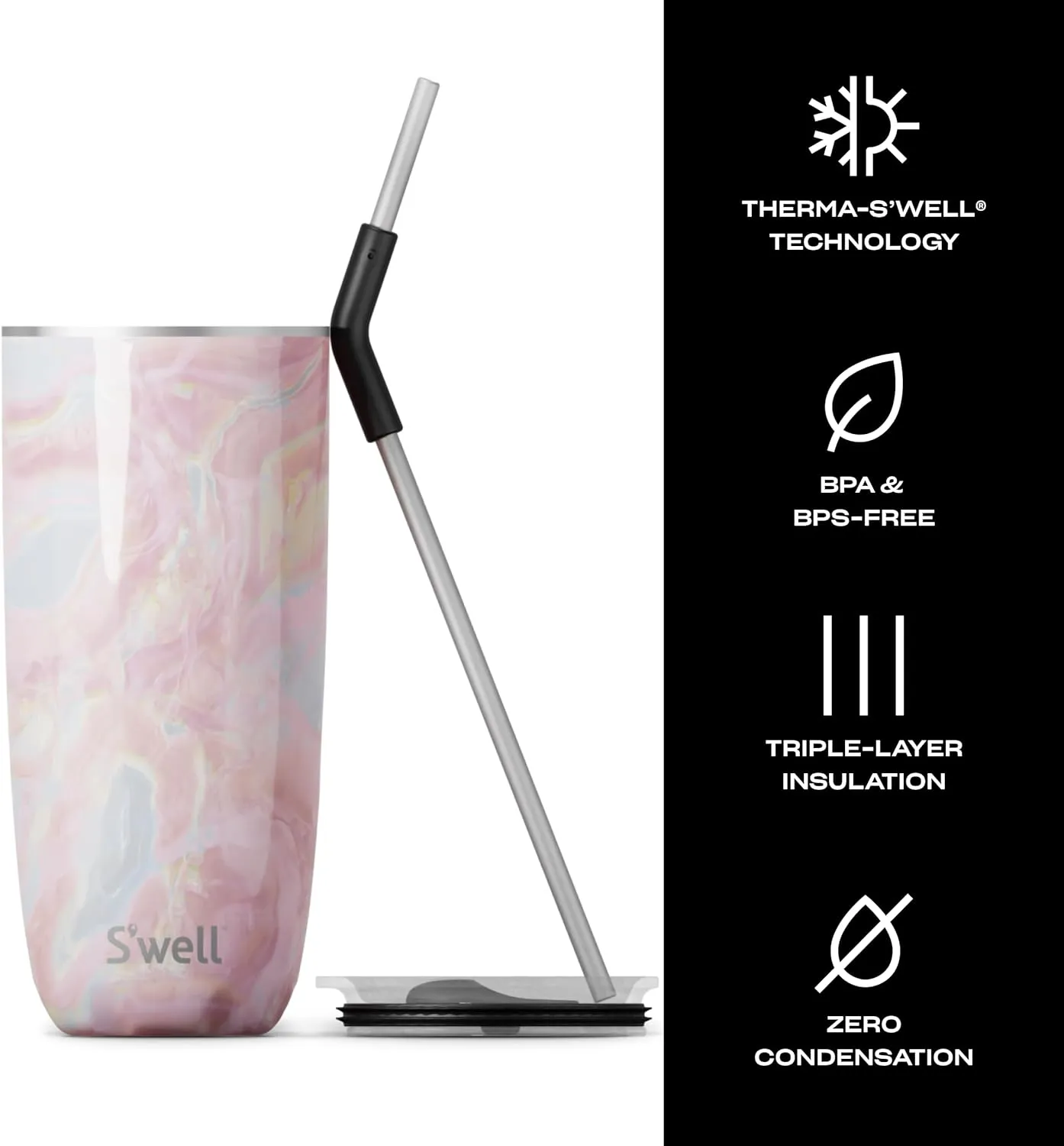S'well Stainless Steel Tumbler with Straw and Slide-Open Lid, 24oz, Geode Rose, Triple Layered Vacuum Insulated Containers Keeps Drinks Cold for 18 Hours and Hot for 5, BPA Free