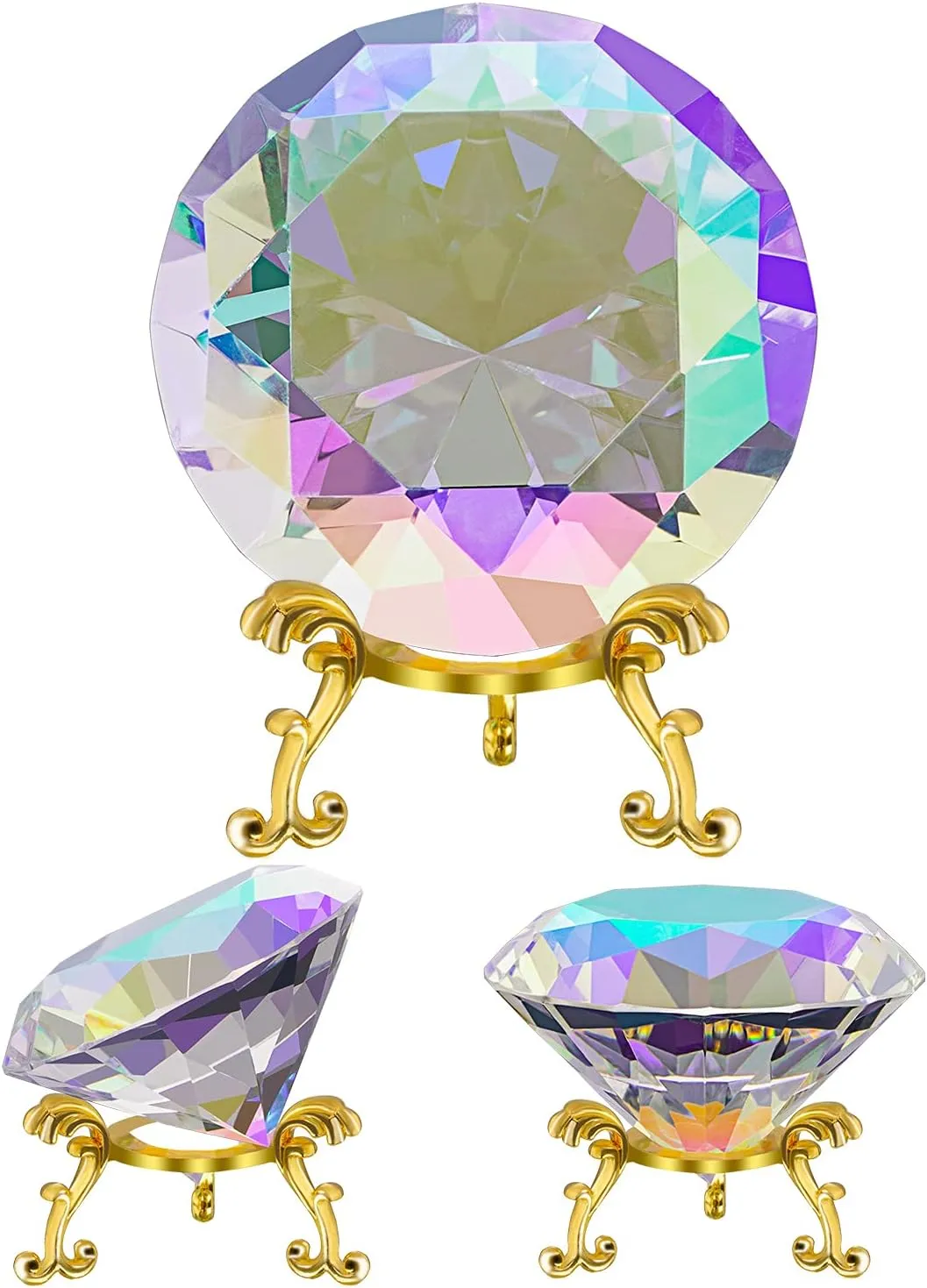 SWTHONY 80mm(3.15 inch) Crystal Big Fake Diamond Paperweight Rainbow Maker, Background for Nail Pictures, with Gold Metal Base Home Decor (AB-Coated)