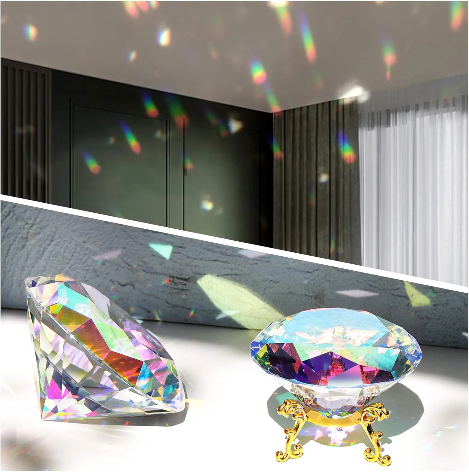 SWTHONY 80mm(3.15 inch) Crystal Big Fake Diamond Paperweight Rainbow Maker, Background for Nail Pictures, with Gold Metal Base Home Decor (AB-Coated)