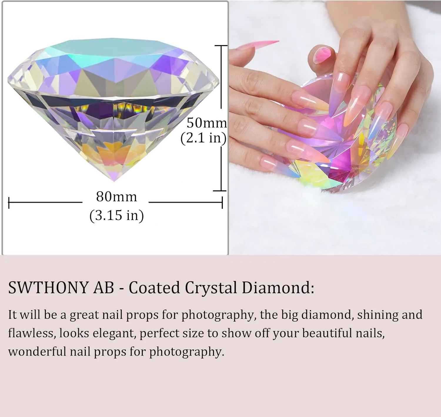 SWTHONY 80mm(3.15 inch) Crystal Big Fake Diamond Paperweight Rainbow Maker, Background for Nail Pictures, with Gold Metal Base Home Decor (AB-Coated)