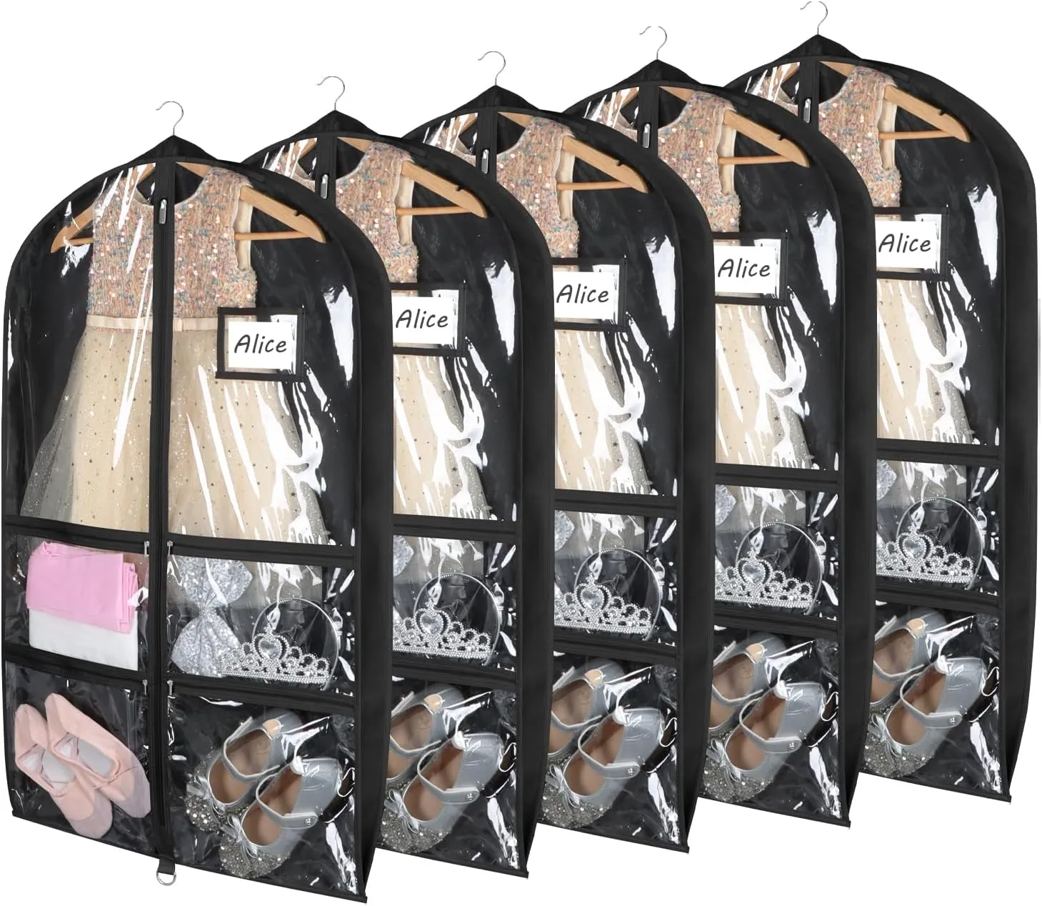 Syeeiex Clear Dance Costume Garment Bag with 3" Gussetes(5 Pack), 40'' Garment Bags for Dance Costumes, Kids Dance Garment Bag with 4 Zippered Pocket - Suitable for Dance Competitions, Ballet(Black)