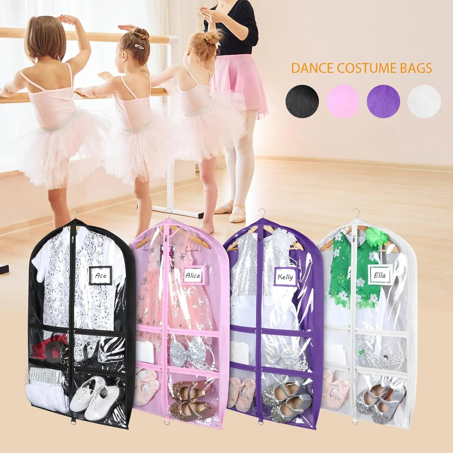 Syeeiex Clear Dance Costume Garment Bag with 3" Gussetes(5 Pack), 40'' Garment Bags for Dance Costumes, Kids Dance Garment Bag with 4 Zippered Pocket - Suitable for Dance Competitions, Ballet(Black)