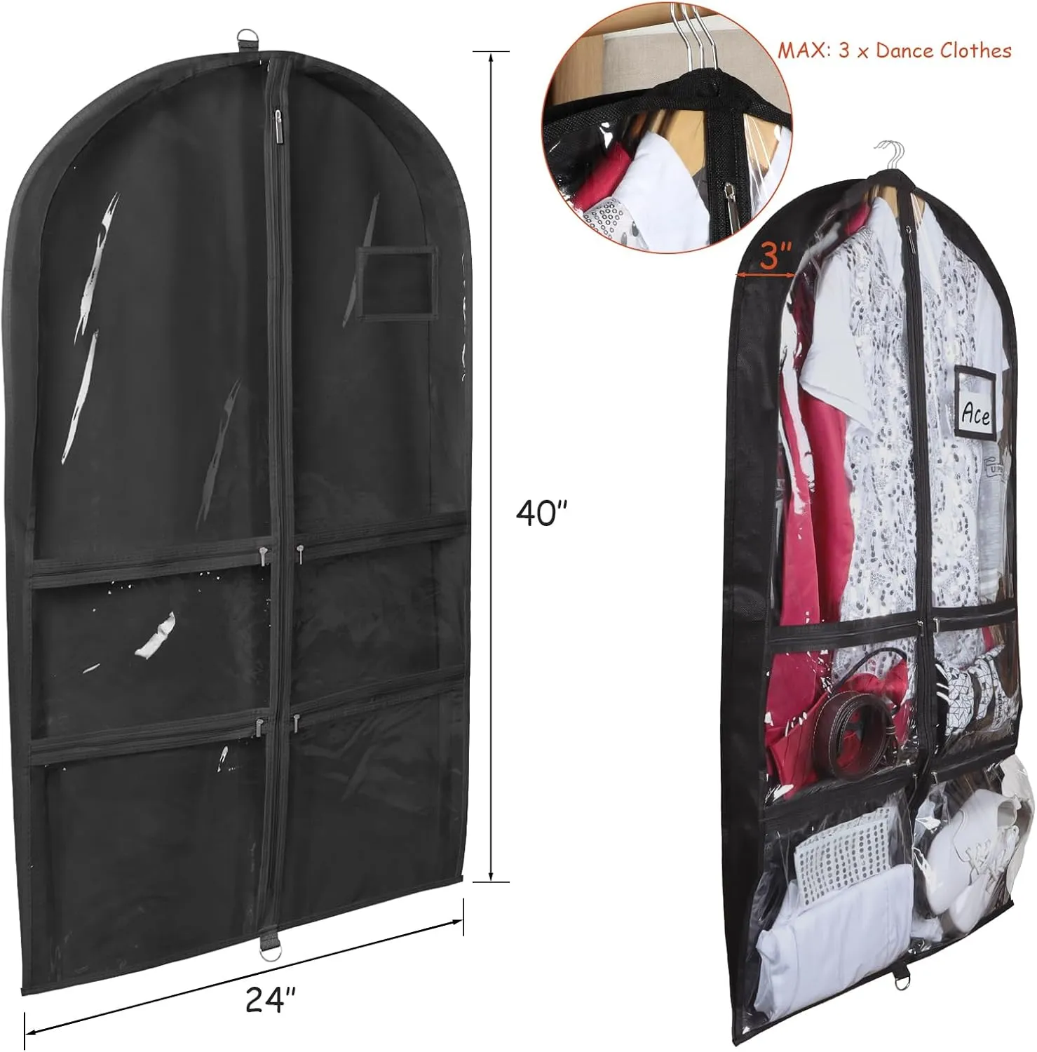 Syeeiex Clear Dance Costume Garment Bag with 3" Gussetes(5 Pack), 40'' Garment Bags for Dance Costumes, Kids Dance Garment Bag with 4 Zippered Pocket - Suitable for Dance Competitions, Ballet(Black)