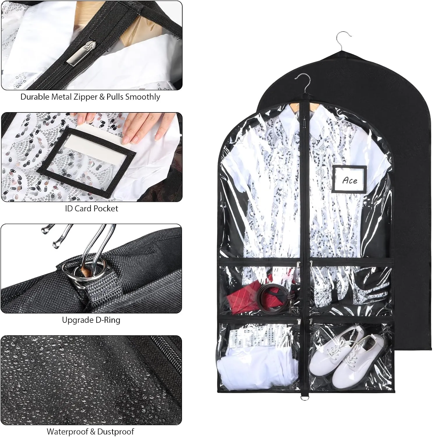 Syeeiex Clear Dance Costume Garment Bag with 3" Gussetes(5 Pack), 40'' Garment Bags for Dance Costumes, Kids Dance Garment Bag with 4 Zippered Pocket - Suitable for Dance Competitions, Ballet(Black)
