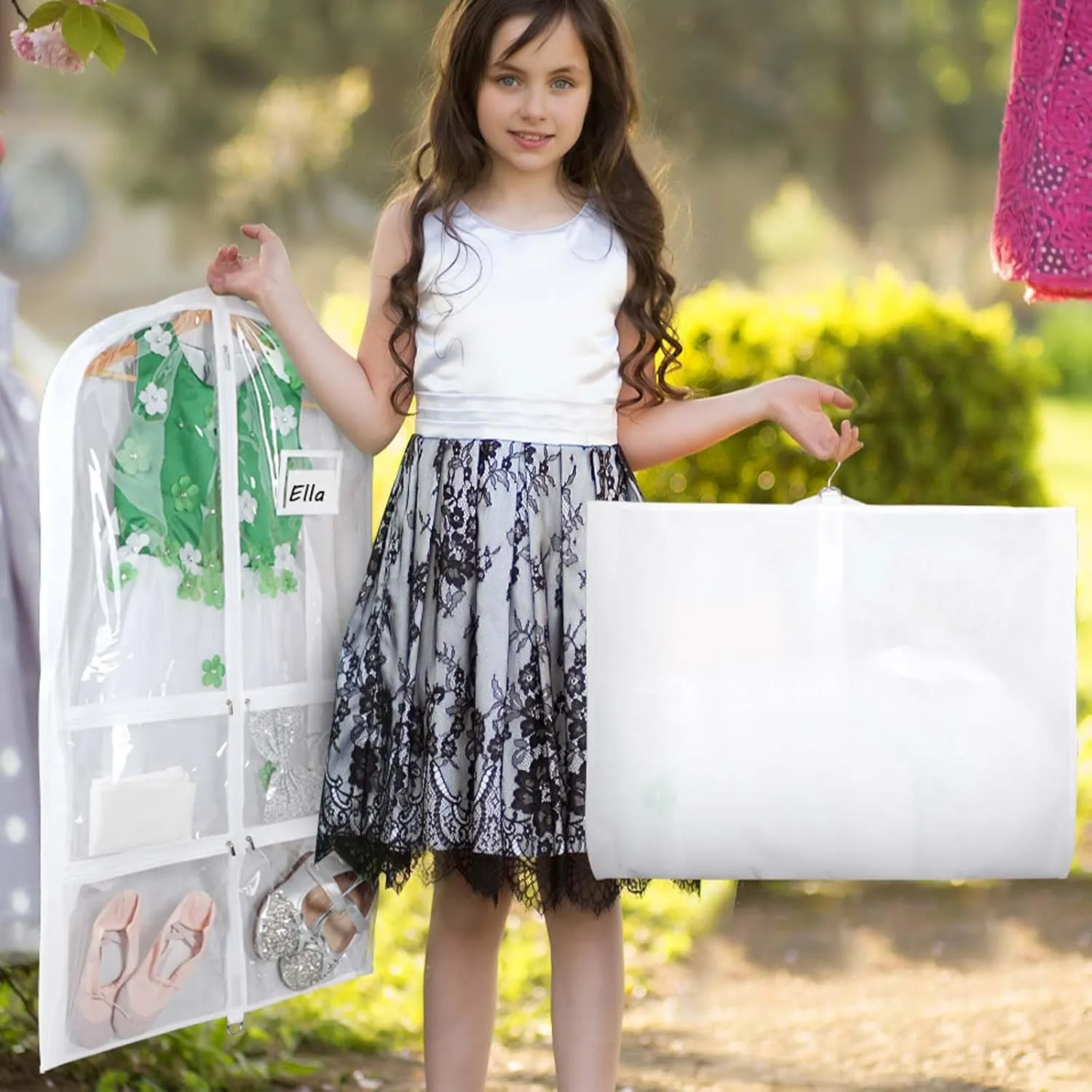 Syeeiex Clear Garment Bags with 3" Gussets (5 Pack), 40" Bags for Kids Dance Costumes with 4 Medium Zippered Pockets - Suitable for Competitions, Ballet