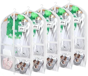 Syeeiex Clear Garment Bags with 3" Gussets (5 Pack), 40" Bags for Kids Dance Costumes with 4 Medium Zippered Pockets - Suitable for Competitions, Ballet
