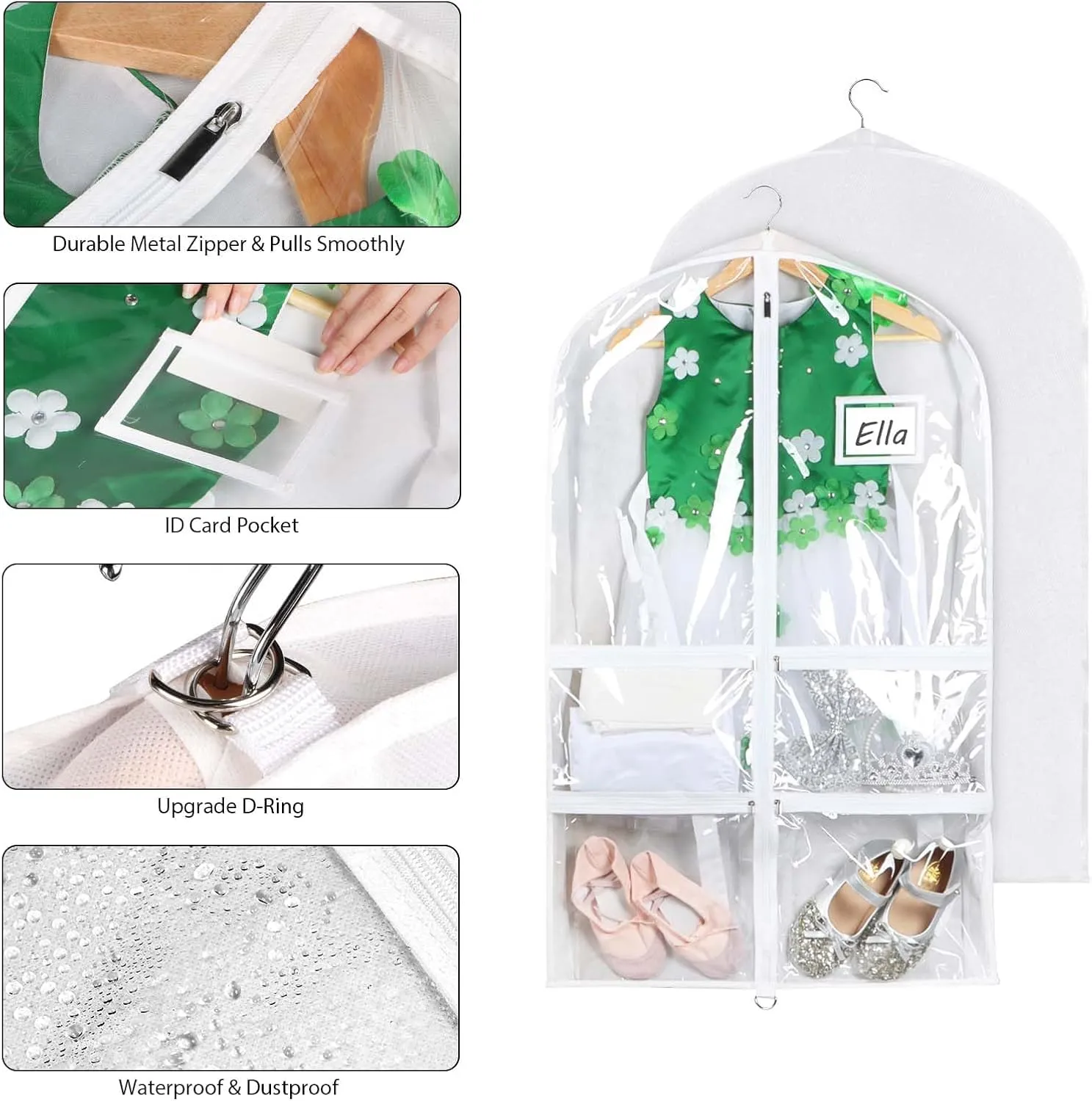 Syeeiex Clear Garment Bags with 3" Gussets (5 Pack), 40" Bags for Kids Dance Costumes with 4 Medium Zippered Pockets - Suitable for Competitions, Ballet