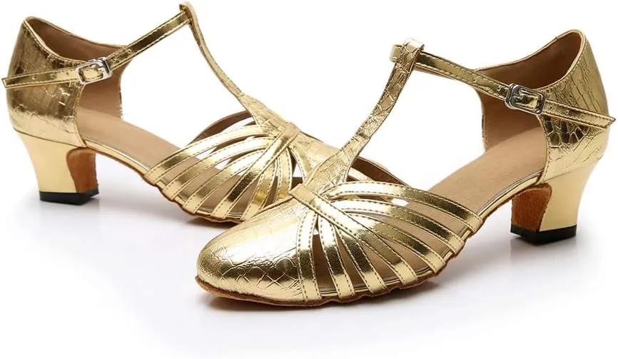 TDA Women's Fashion Comfort T-Strap Closed Toe Snakeskin Leather Salsa Tango Ballroom Latin Modern Dance Wedding Shoes