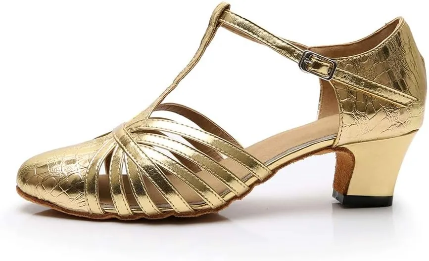 TDA Women's Fashion Comfort T-Strap Closed Toe Snakeskin Leather Salsa Tango Ballroom Latin Modern Dance Wedding Shoes