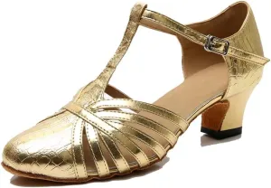 TDA Women's Fashion Comfort T-Strap Closed Toe Snakeskin Leather Salsa Tango Ballroom Latin Modern Dance Wedding Shoes