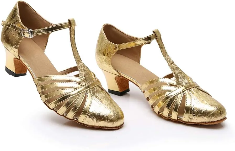 TDA Women's Fashion Comfort T-Strap Closed Toe Snakeskin Leather Salsa Tango Ballroom Latin Modern Dance Wedding Shoes