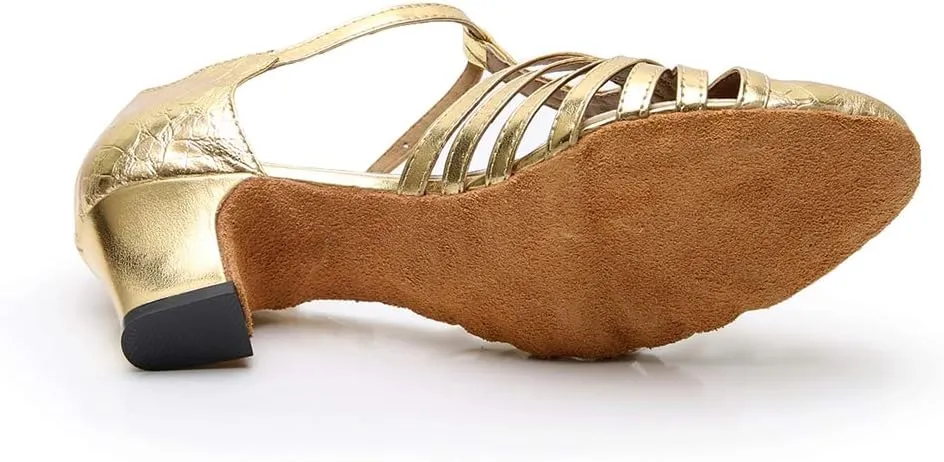 TDA Women's Fashion Comfort T-Strap Closed Toe Snakeskin Leather Salsa Tango Ballroom Latin Modern Dance Wedding Shoes