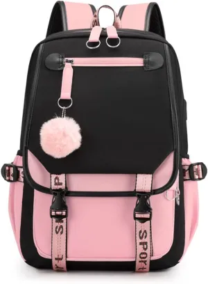 Teenage Girls Backpack 20 Liters Schoolbag Waterproof Bookbag for Girls Color blocking Daypack for Teenage(Black Pink)