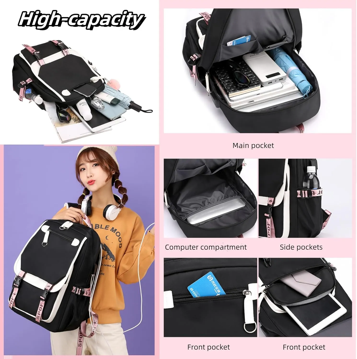Teenage Girls Backpack 20 Liters Schoolbag Waterproof Bookbag for Girls Color blocking Daypack for Teenage(Black)
