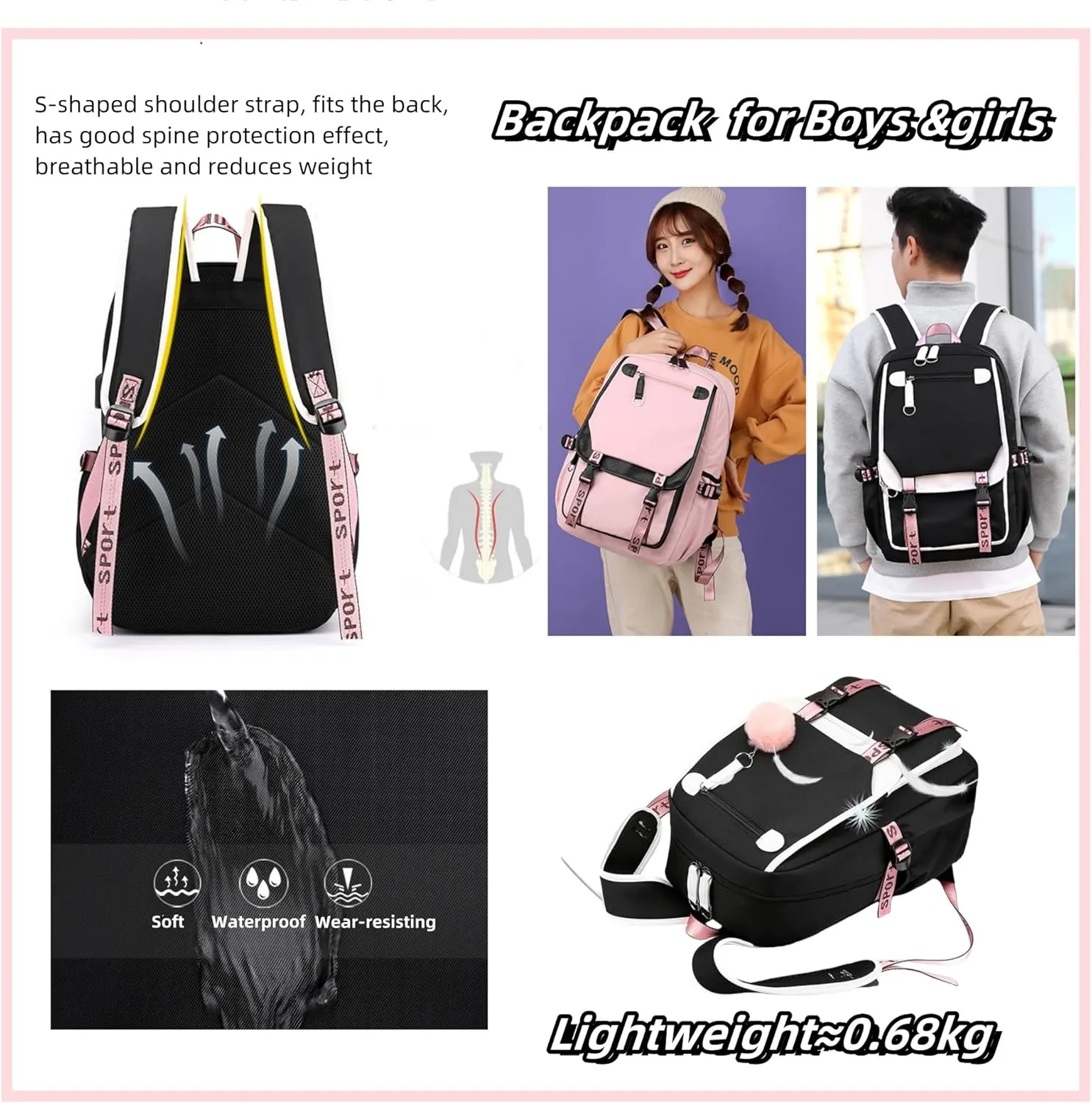 Teenage Girls Backpack 20 Liters Schoolbag Waterproof Bookbag for Girls Color blocking Daypack for Teenage(Black)
