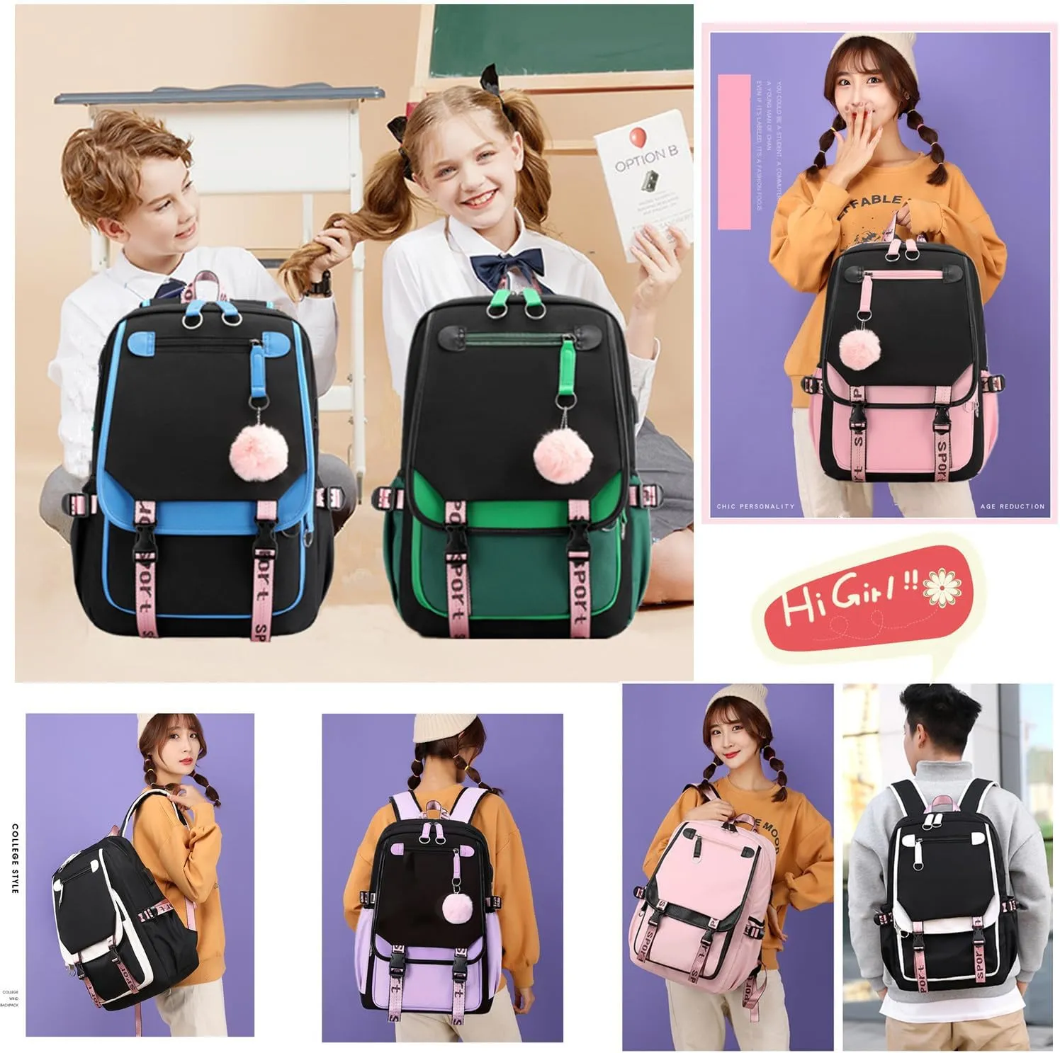Teenage Girls Backpack 20 Liters Schoolbag Waterproof Bookbag for Girls Color blocking Daypack for Teenage(Black)