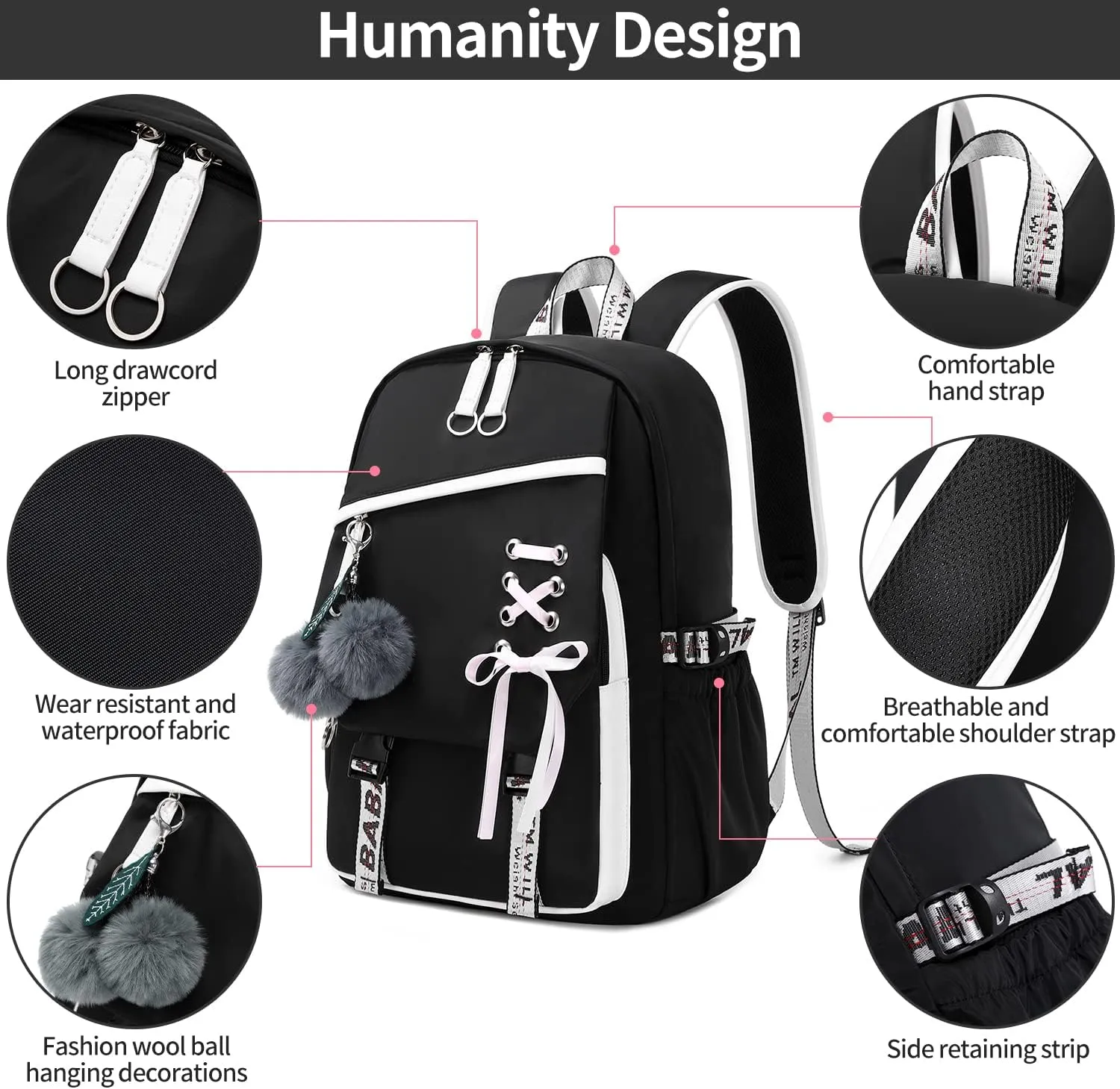 Teenage Girls Bookbag School Backpack Children Casual Daypack Schoolbag for Teens Black White