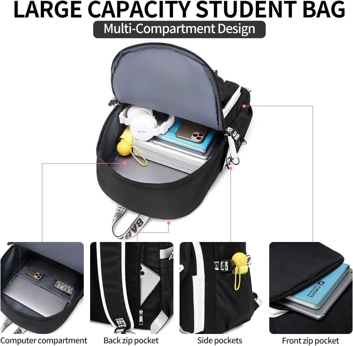 Teenage Girls Bookbag School Backpack Children Casual Daypack Schoolbag for Teens Black White