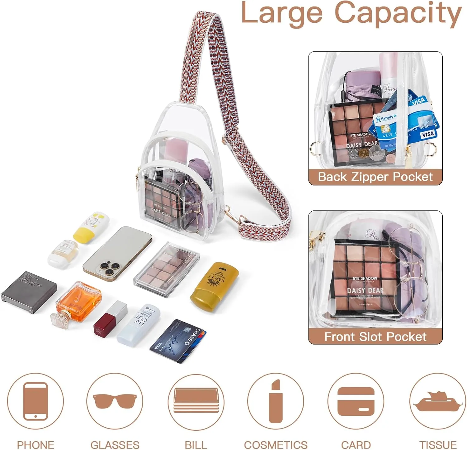 Telena Clear Fanny Pack Stadium Approved Clear Sling Bag Crossbody Purses for Women Transparent Waist Bag with Adjustable Strap White