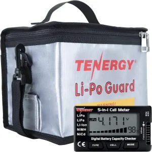 Tenergy Large Fire Retardant Lipo Bags for Charging and Storage and 5-in-1 Intelligent Digital Cell Meter Battery Checker