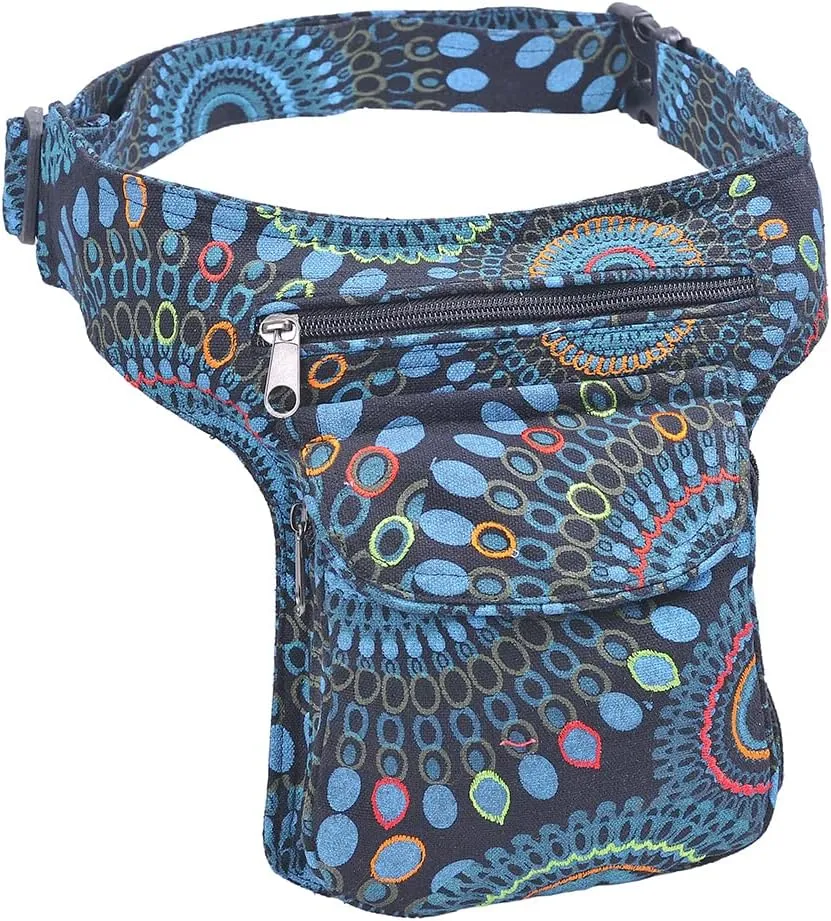 The Collection Royal Handmade Festival Waistpack Boho Hippie Waist Bag Hip Bum Running Belt Fanny Pack Travel Utility Belt (Blk Blu)