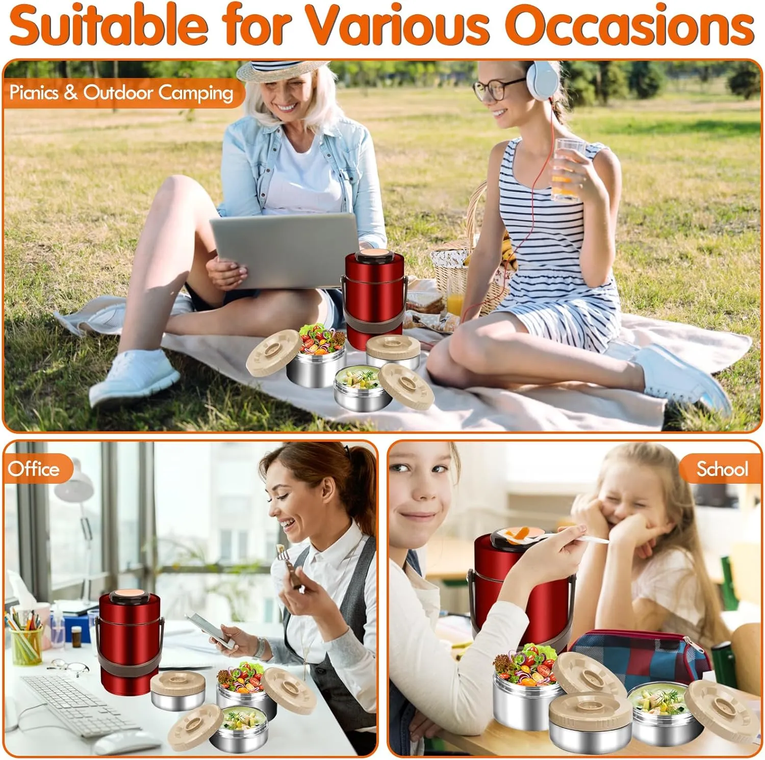 Thermos for Hot Food, 3 Layered 67oz Adult Stackable Food Thermos Jar, Insulated Wide Mouth Sealed Soup Container with Lunch Bag Cutlery, Stainless Steel Travel Bento Lunch Box for Office Outdoor Meal