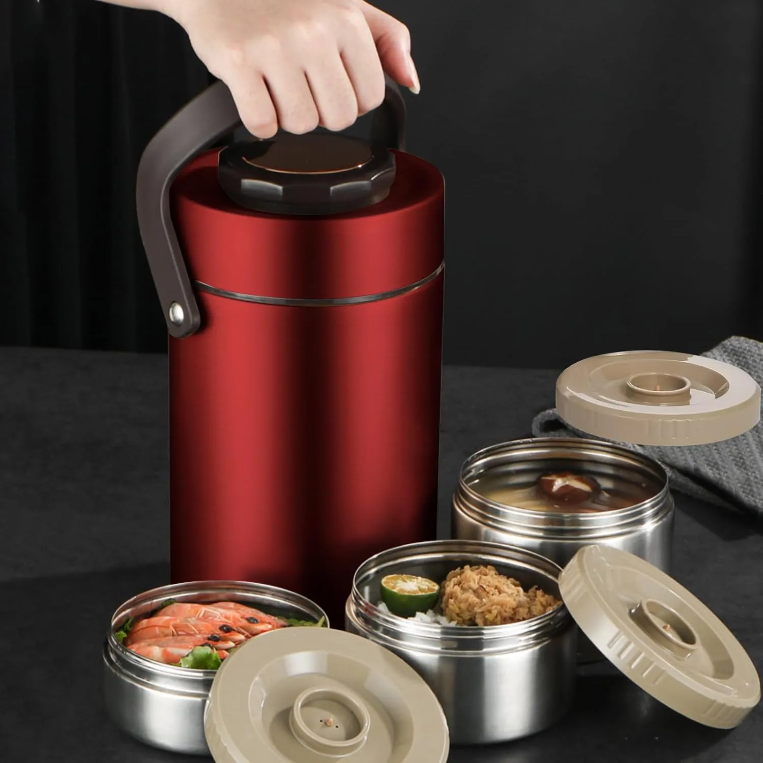 Thermos for Hot Food, 3 Layered 67oz Adult Stackable Food Thermos Jar, Insulated Wide Mouth Sealed Soup Container with Lunch Bag Cutlery, Stainless Steel Travel Bento Lunch Box for Office Outdoor Meal