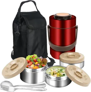 Thermos for Hot Food, 3 Layered 67oz Adult Stackable Food Thermos Jar, Insulated Wide Mouth Sealed Soup Container with Lunch Bag Cutlery, Stainless Steel Travel Bento Lunch Box for Office Outdoor Meal