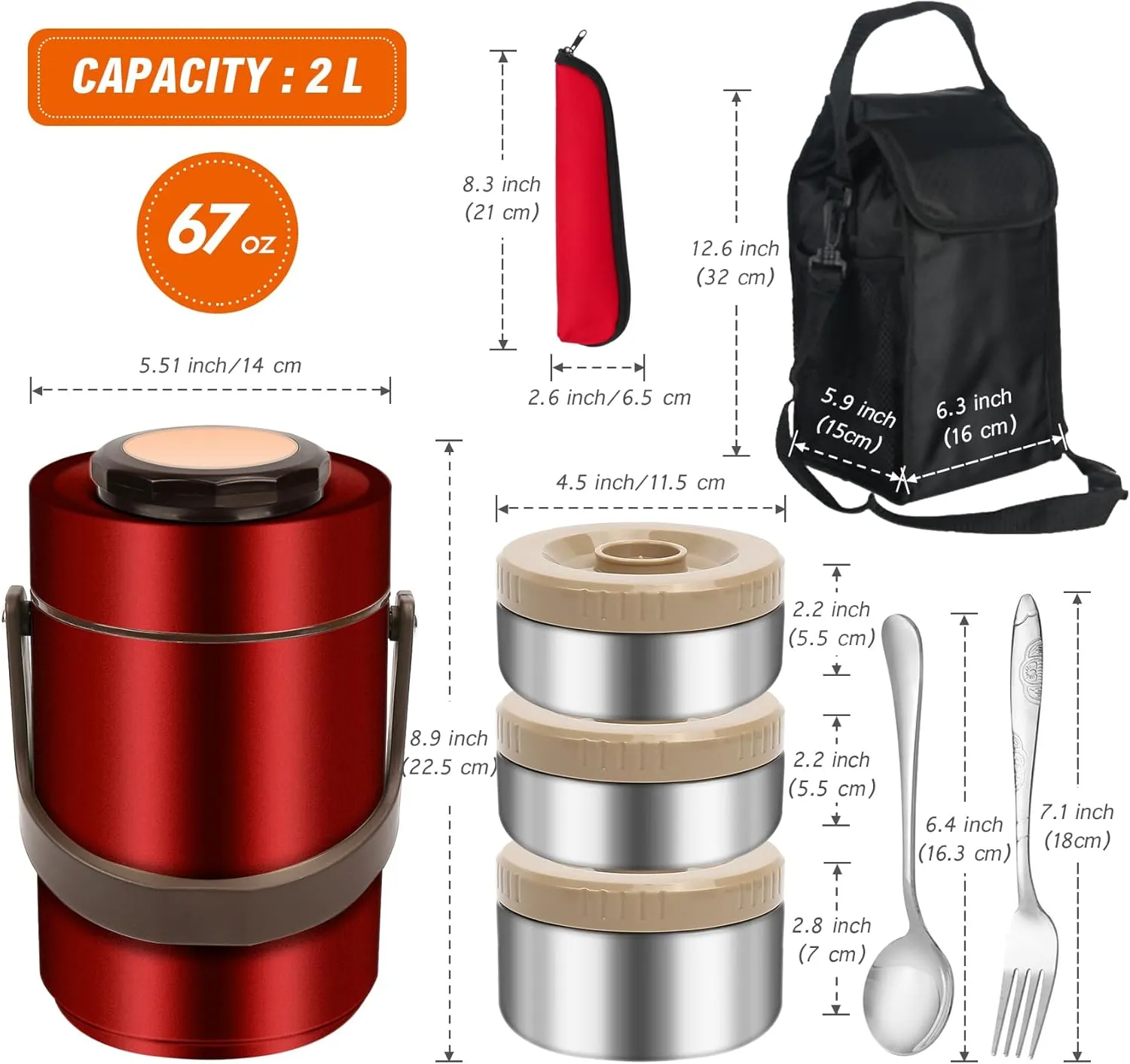 Thermos for Hot Food, 3 Layered 67oz Adult Stackable Food Thermos Jar, Insulated Wide Mouth Sealed Soup Container with Lunch Bag Cutlery, Stainless Steel Travel Bento Lunch Box for Office Outdoor Meal