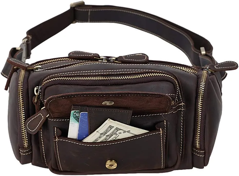 TIDING Genuine Leather Waist Bag for Men Multi-Pockets Fanny Pack Outdoor Travel Office Organizer