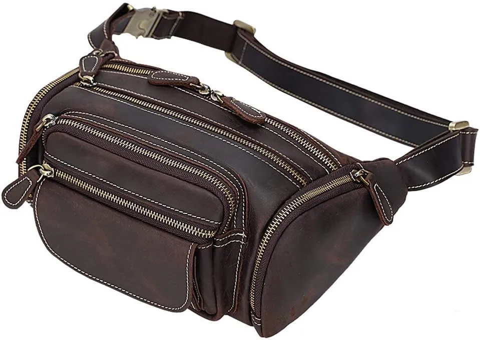 TIDING Genuine Leather Waist Bag for Men Multi-Pockets Fanny Pack Outdoor Travel Office Organizer