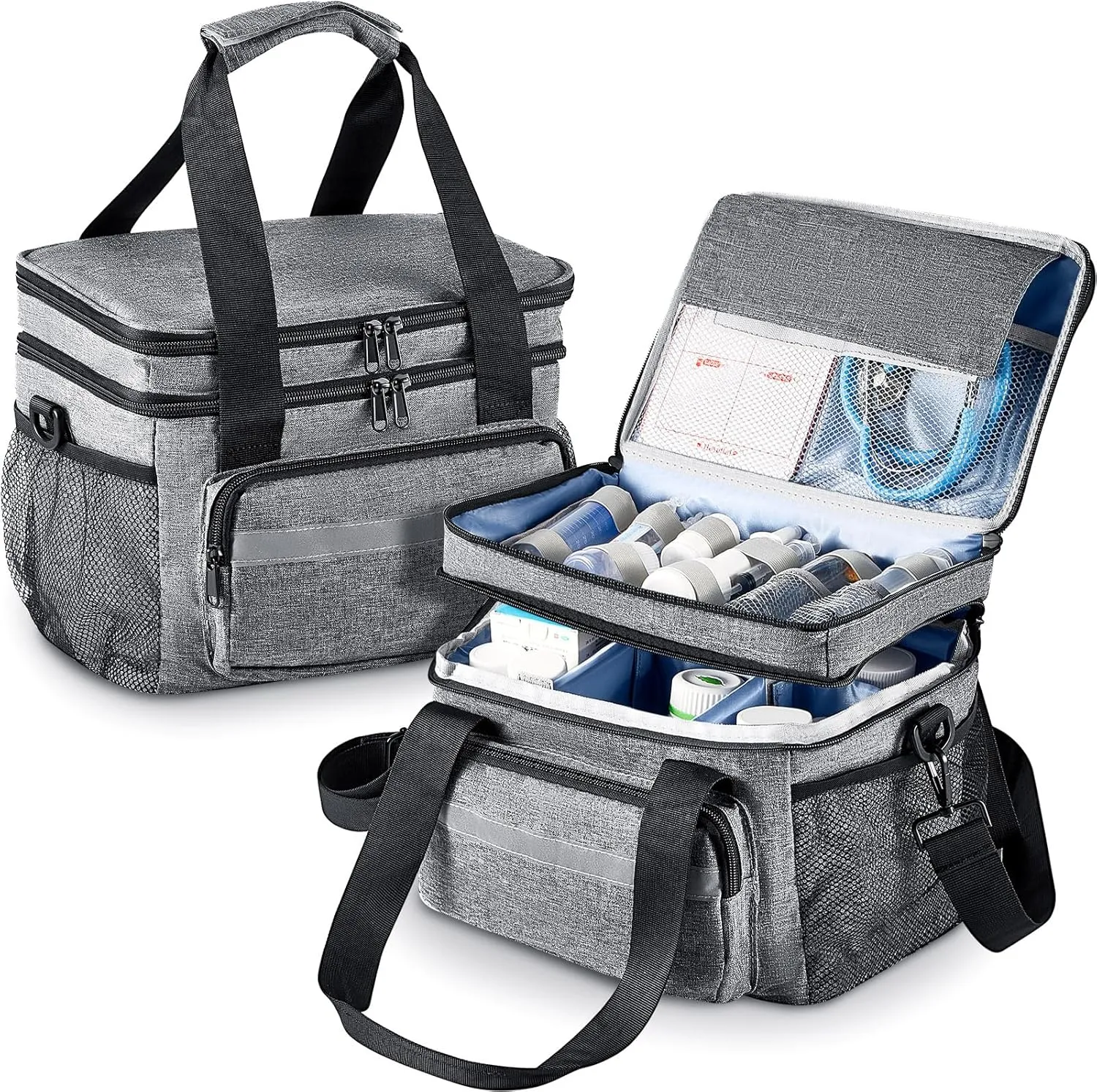 Timgle 1 Pack Double Layers Medicine Storage Bag Pill Bottle Organizer 11.4 x 7.9 x 9.5 in Empty First Aid Kits Bag with Shoulder Strap for Home Emergency Medication Fish Oil Vitamins