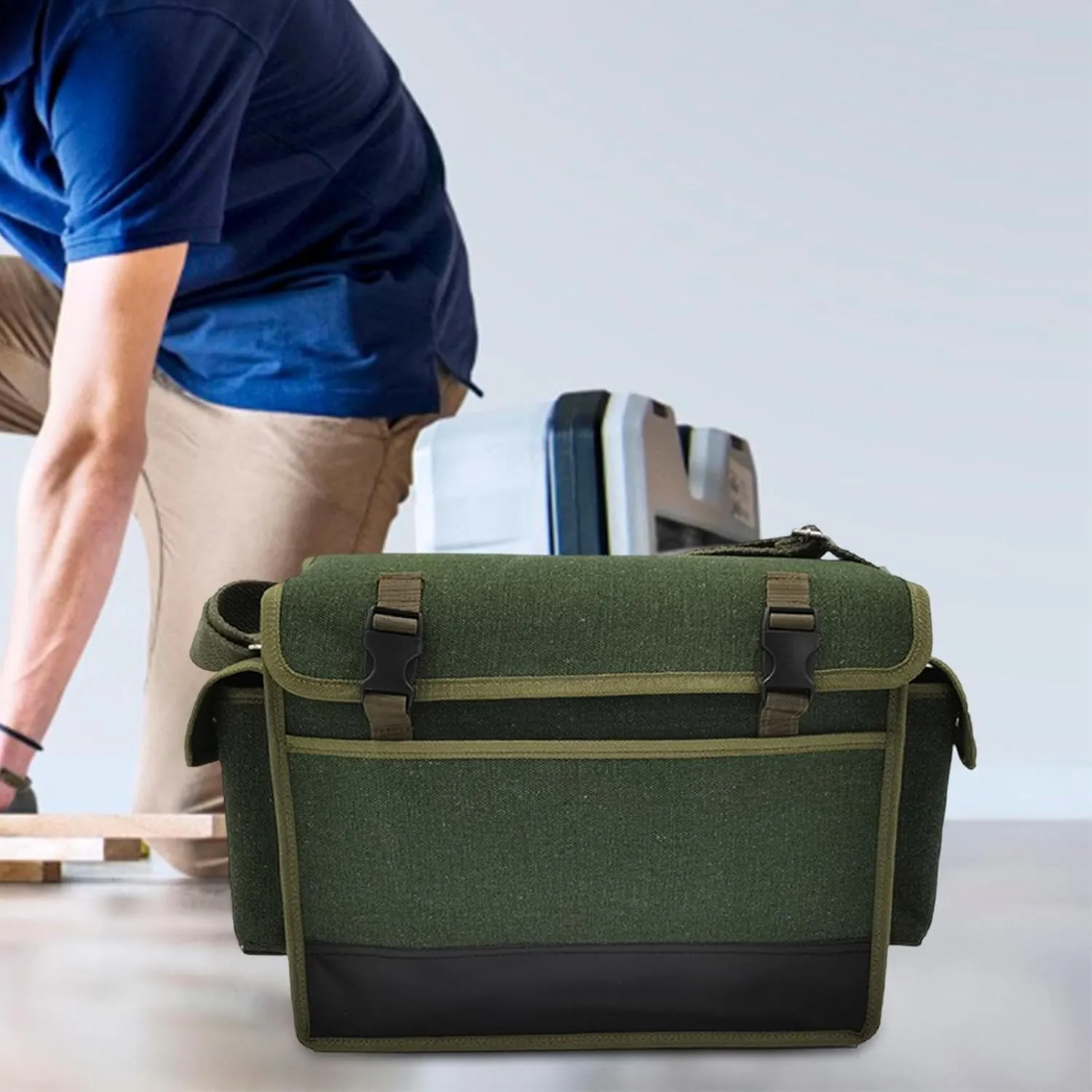 Tool Pouch Canvas Tool Bag Large Capacity Water Resistant with Handle Tool Tote Tool Handbag for Carpenter Woodworker Plumber, Green