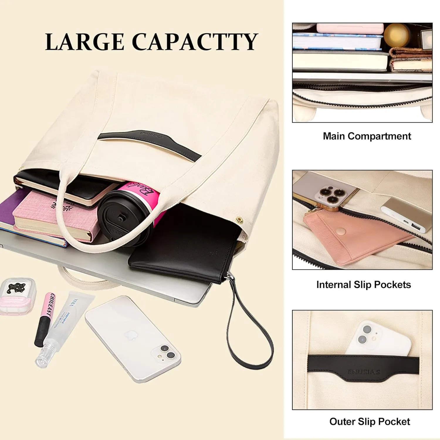 Tote Bag for Women Canvas Zip Top Handle Women's Handbag Multi Pockets Travel Crossbody Shoulder Bag