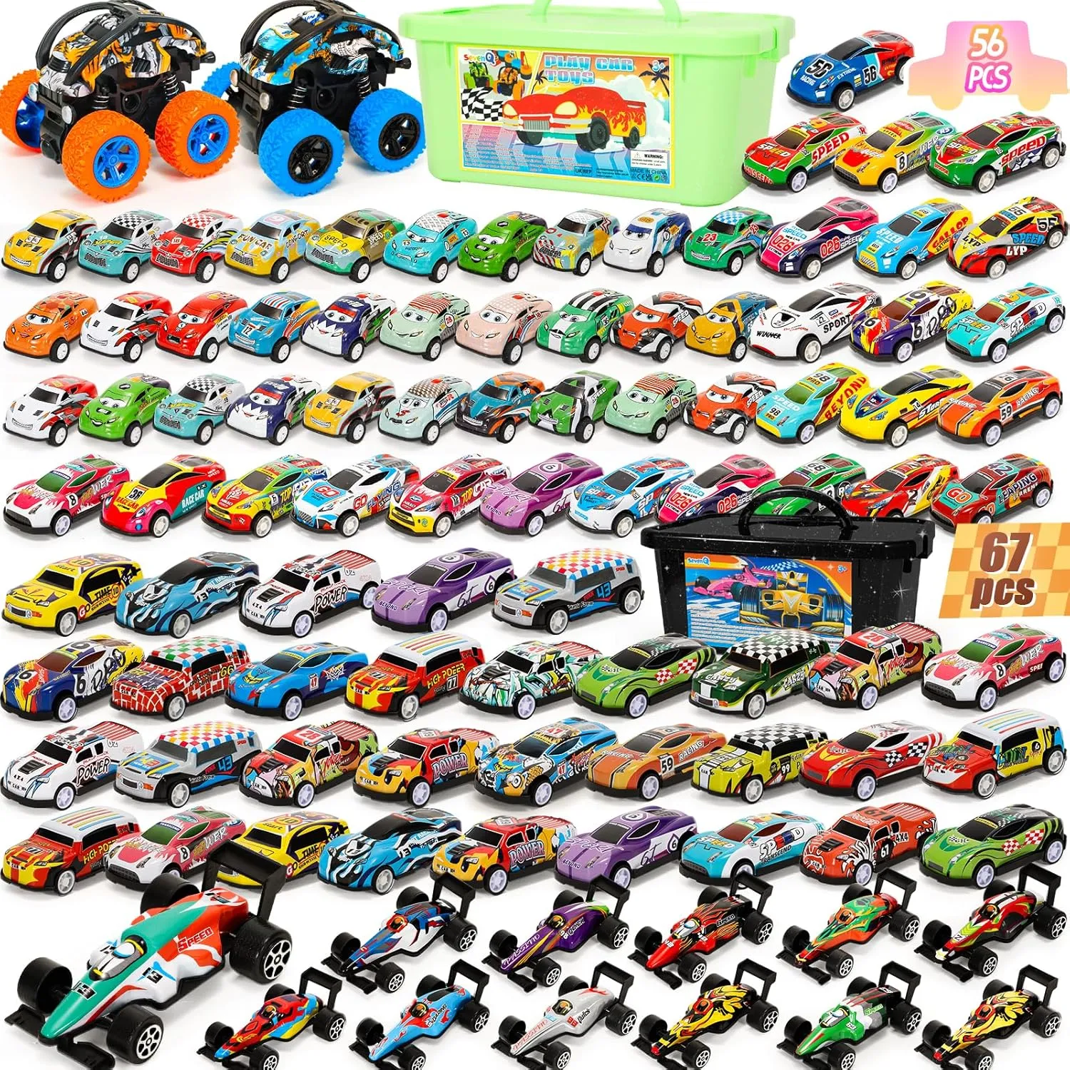 Toy Cars for Kids 123 Pcs Monster Truck Toys Pull Back Cars with Storage Box, Race Cars Party Favors for Toddler Toys Pinata Goodie Bag Stuffers Christmas Treasure Box Classroom Prizes